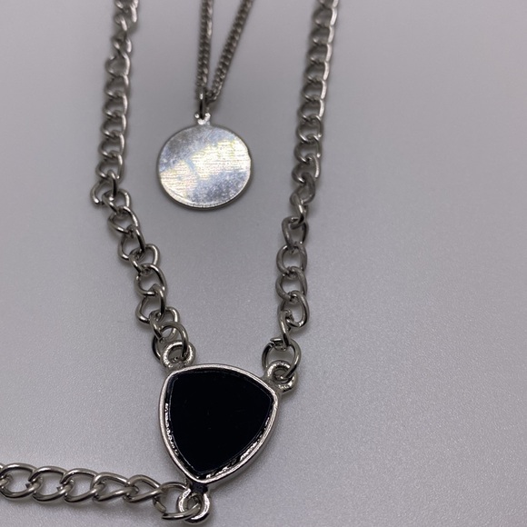 Silver Layered Multi Chain Circular Pendant & Bar Charm Necklace Bohemian Chic - Picture 8 of 13